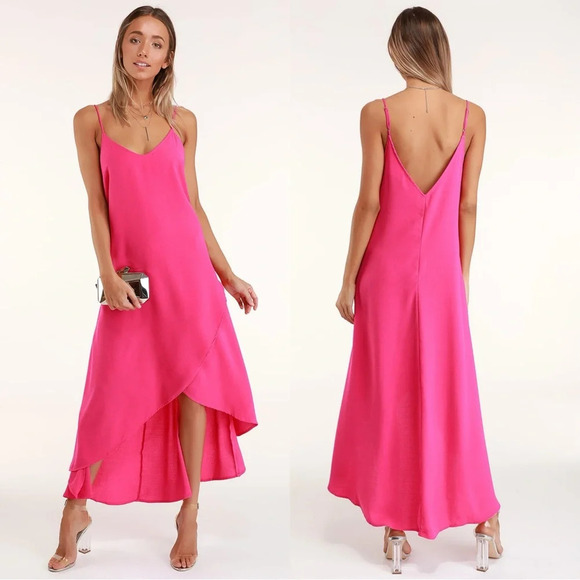 Lulu’s Sweet Surprise Bright Pink High-Low Maxi Dress Sleeveless V-Neck Size M - Picture 1 of 11